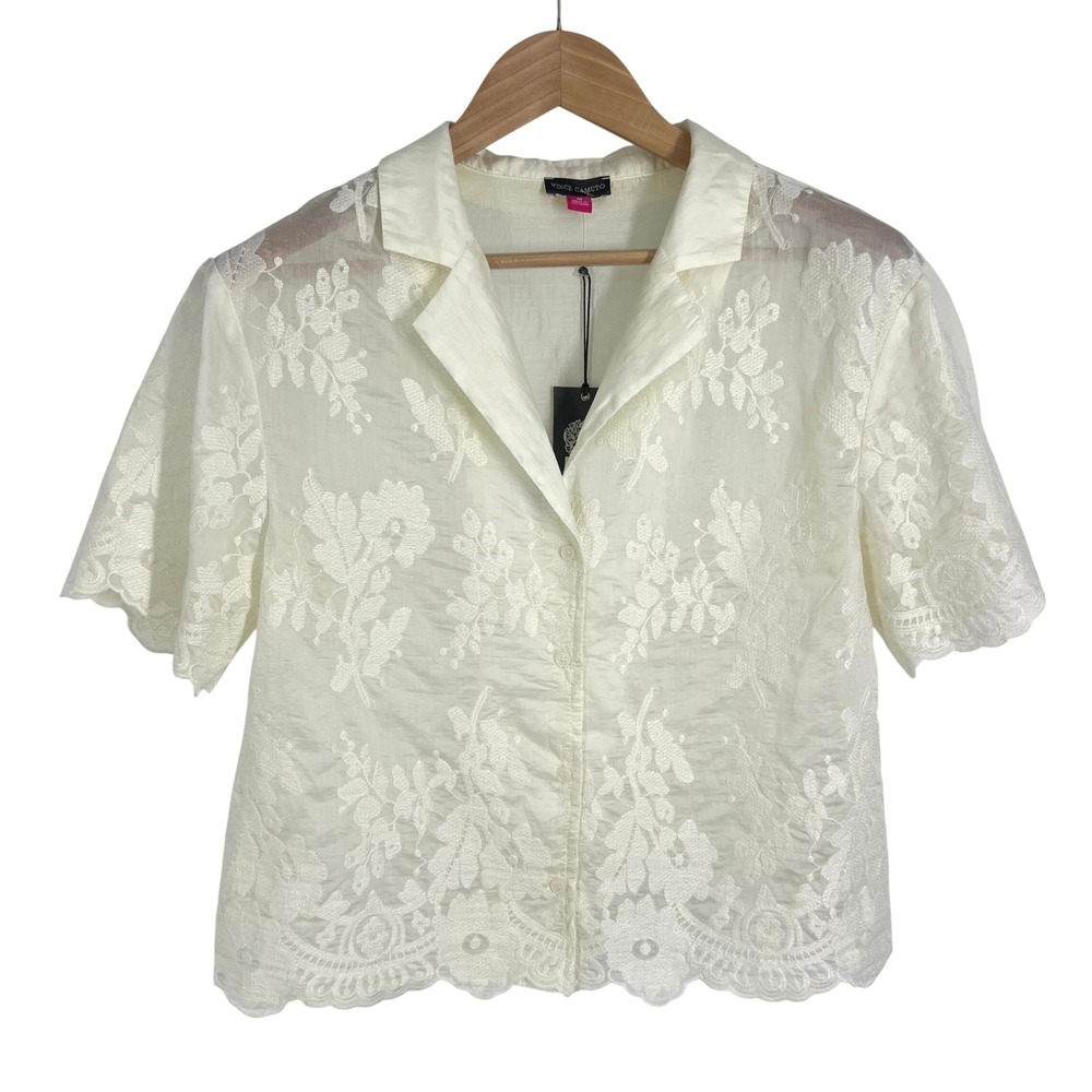 Vince Camuto Womens Ivory Floral Embroidered Button Blouse M Crop Wide New